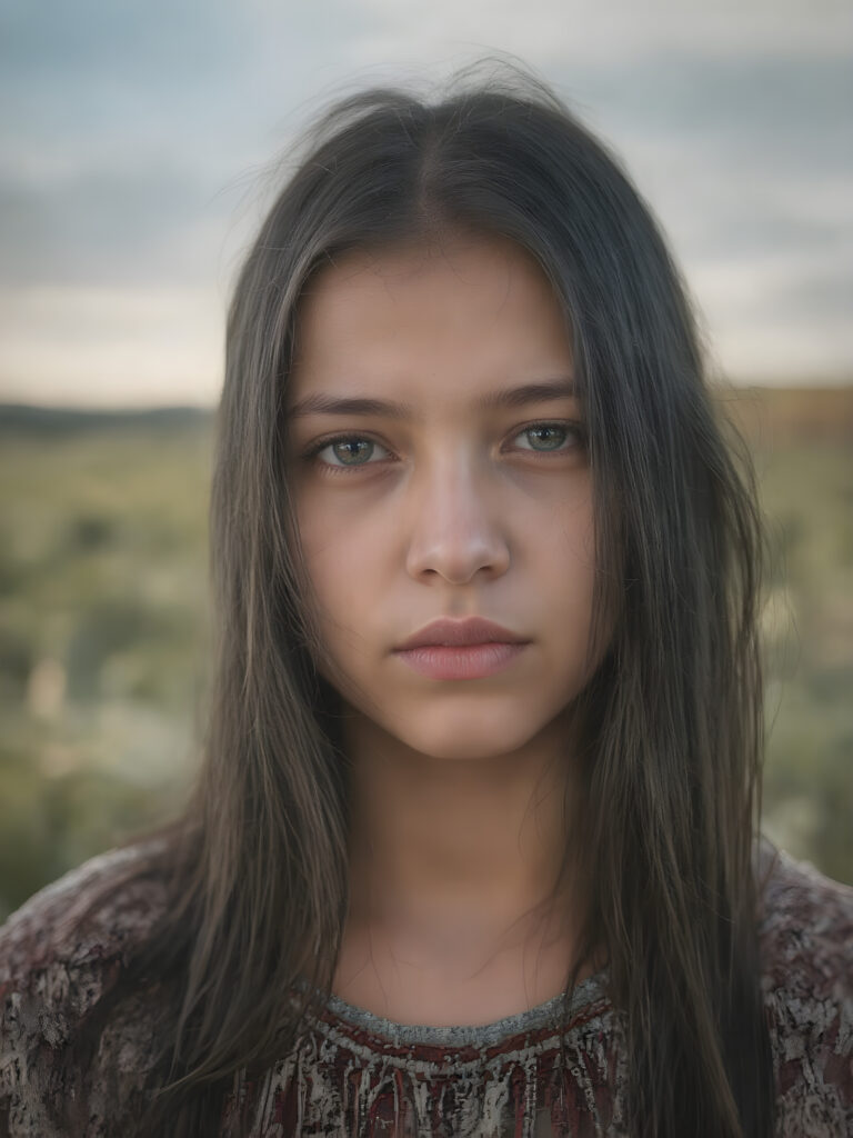 a ((teen girl)) realistic upper body portrait shot, her hair is obsidian-black and with long straight haircut, she has glancing silver-white eyes and are orbit round, she has pouting lips, she has a soft outlook, she has a fit figure, she wears female native american clothing style, in a natural way, mood scenery background