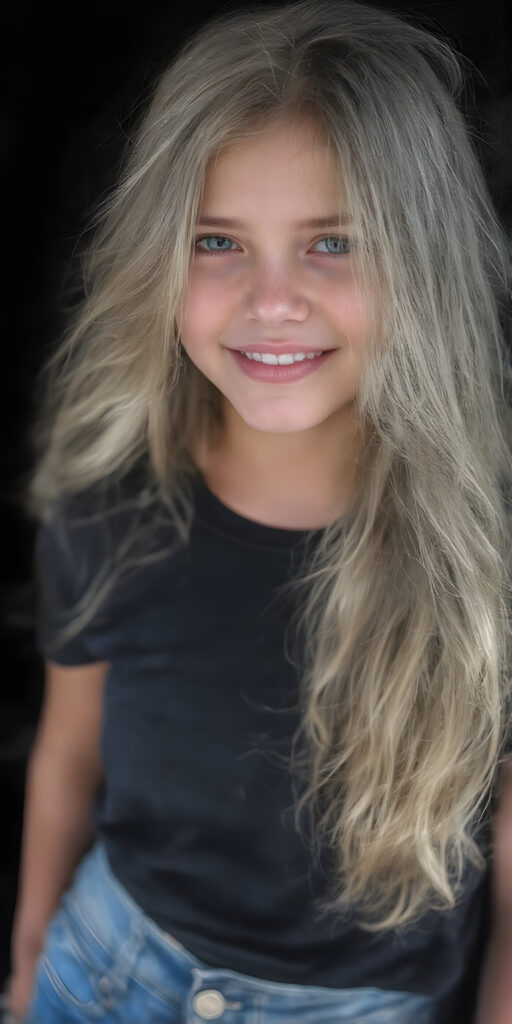 a (((teen girl))) with (((extremely long, silky wavy light blonde hair))), wearing a sleek and tight black T-Shirt that seamlessly complements her stylishly faded jeans. Her face exudes a (((soft yet inviting smile))), perfectly accentuating her ((perfectly proportioned figure)), which includes a slim waist and (extraordinary long, flowing eyelashes) that add to her (alluring charm), black backdrop that give off a (vivid color contrast) against her (natural skin tone) makeup and (crisp pearly white teeth) as the ultimate finishing touch, full body