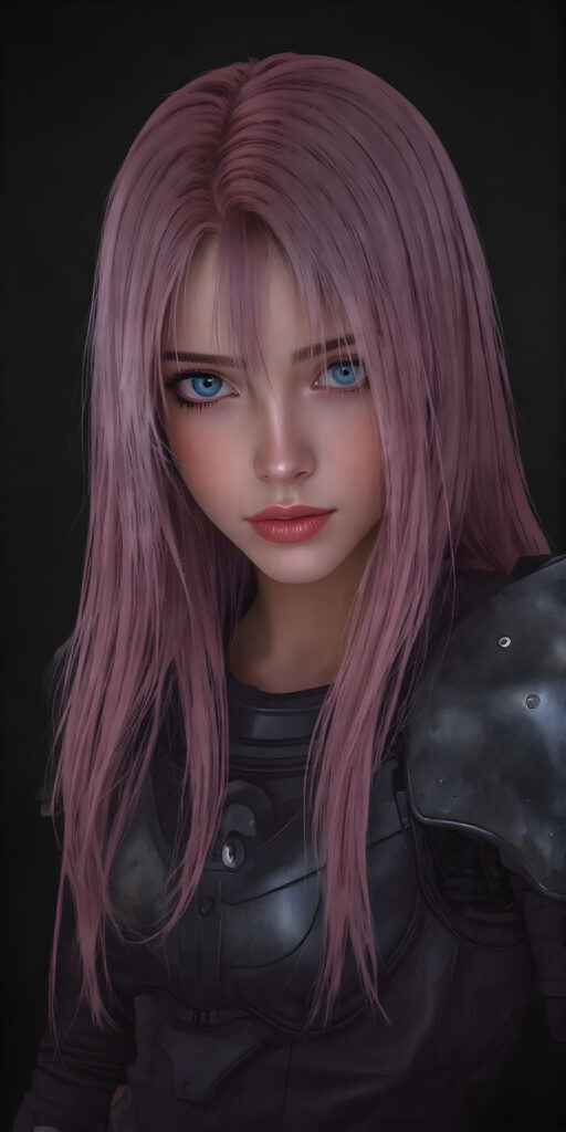 a (((teen girl from the future in a light armor))), in a perfect pose ((black background)), long shiny straight pink hair falling down her back, blue eyes, detailed, realistic