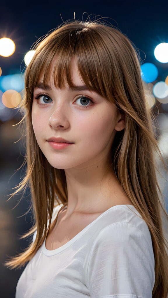 a (((teen girl with bangs cut))), (((vividly drawn long, straight soft hazel hair))) that reflects the light in a (((professional night photograph))), age 13, is depicted with exquisite detail, her face softly angelic yet realistically defined, big round eyes, wearing a (super short, sleek white T-shirt) against a blue backdrop, ((side view))