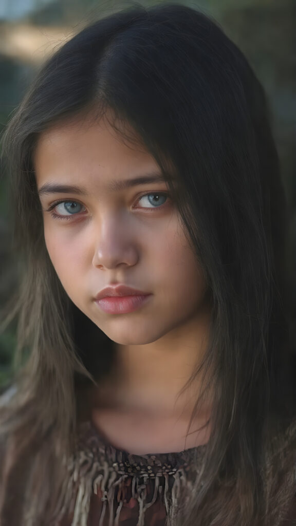 a ((teen girl)) medium silhouette shot, her hair is obsidian-black and with long straight haircut, she has glancing silver-white eyes and are orbit round, she has pouting lips, she has a soft outlook, she has a fit figure, she wears female native american clothing style, in a natural way, mood scenery background