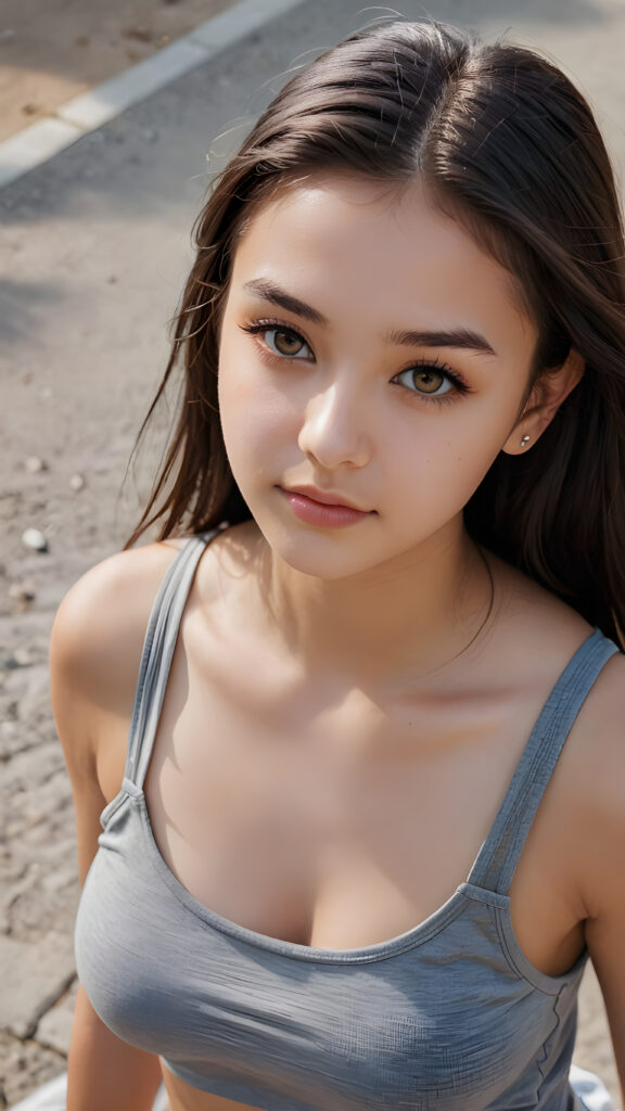 a (((teen girl))) with long, straight luxurious obsidian hair and softly arched eyebrows, framing piercingly beautiful, ((light brown eyes)), ((she wears a grey soft and short cropped tank top)) ((view from above))