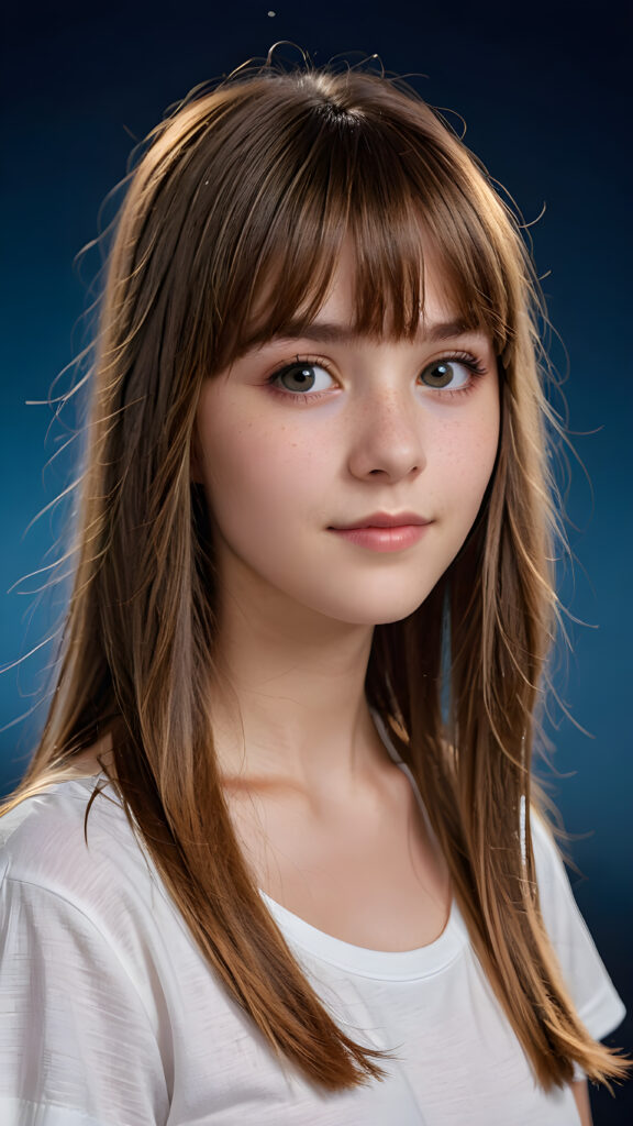 a (((teen girl with bangs cut))), (((vividly drawn long, straight soft hazel hair))) that reflects the light in a (((professional night photograph))), age 13, is depicted with exquisite detail, her face softly angelic yet realistically defined, big round eyes, wearing a (super short, sleek white T-shirt) against a blue backdrop, ((side view))