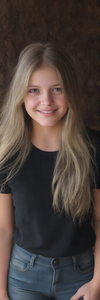 a (((teen girl))) with (((extremely long, silky wavy light blonde hair))), wearing a sleek and tight 'Black T-Shirt with World Fashion Design' that seamlessly complements her stylishly faded jeans. Her face exudes a (((soft yet inviting smile))), perfectly accentuating her ((perfectly proportioned figure)), which includes a slim waist and (extraordinary long, flowing eyelashes) that add to her (alluring charm). The backdrop is a (clearly detailed and highly realistic) setting that perfectly captures the essence of modern luxury and fashion, with (interwoven textures) and (distinctive patterns) that give off a (vivid color contrast) against her (natural skin tone) makeup and (crisp pearly white teeth) as the ultimate finishing touch, full body