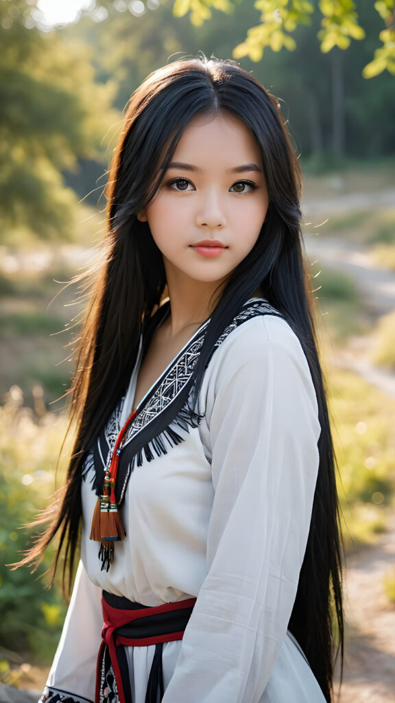 a ((teen girl)) medium silhouette shot, her hair it's obsidian-black and with long straight haircut, she has glancing silver-white eyes and are orbit round, she has pouting lips, she has a soft outlook, she has a fit figure, she wears female native american clothing style, in a natural way, mood scenery background