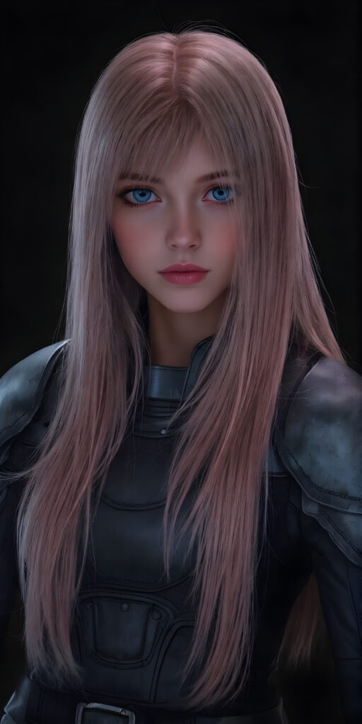 a (((teen girl from the future in a light armor))), in a perfect pose ((black background)), long shiny straight pink hair falling down her back, blue eyes, detailed, realistic