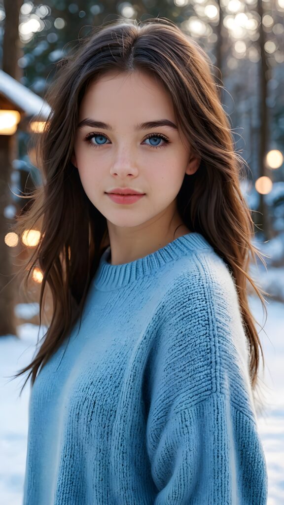 a ((teen girl)), her hair is black and with long straight haircut, full lips, soft outfit, light blue eyes, she wears a wool sweater, 4k, realistic and detailed photo