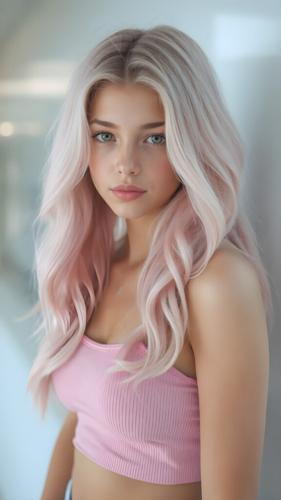 a (((teen girl))), ((light pink long wavy hair)), that flows elegantly, framing her delicate, ((barely there face)), which exudes a youthful vibrancy, short cropped tank top that accentuates her natural beauty and her perfect body, contrasting against the sleek and modern backdrop of a (hyper realistic, 8K rendering) for a stunning, high-quality image