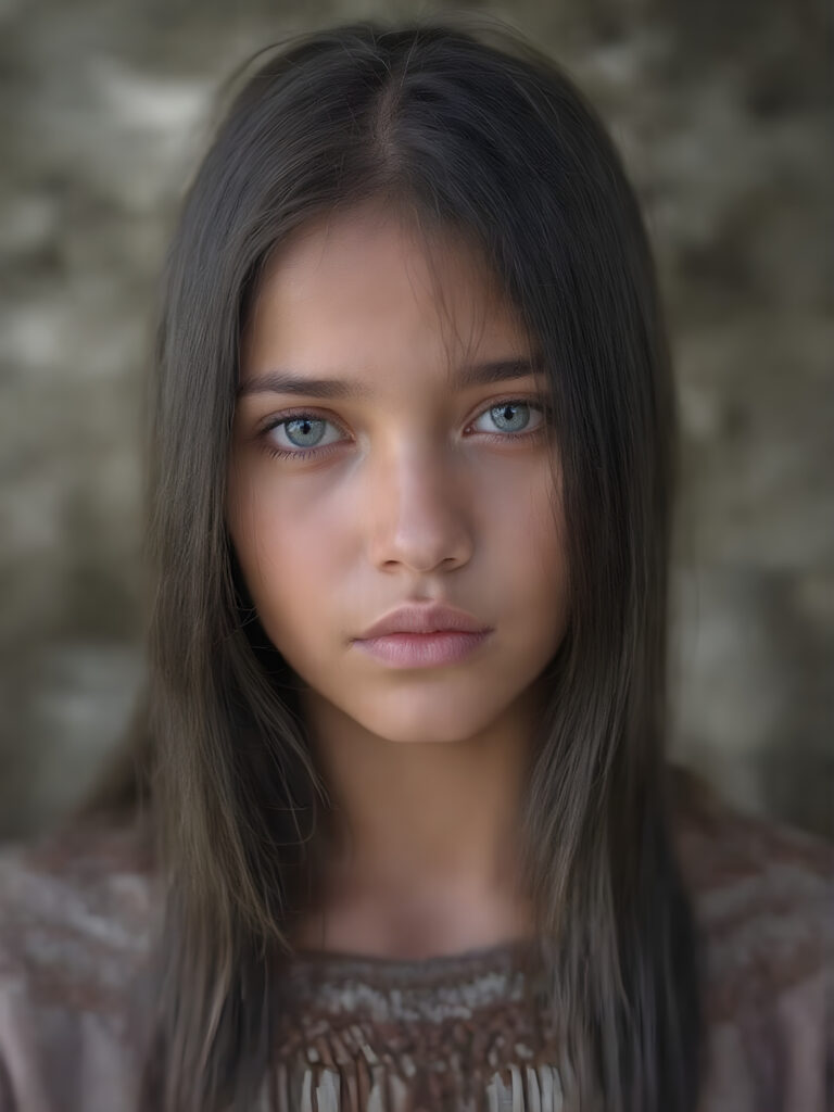 a ((teen girl)) realistic upper body portrait shot, her hair is obsidian-black and with long straight haircut, she has glancing silver-white eyes and are orbit round, she has pouting lips, she has a soft outlook, she has a fit figure, she wears female native american clothing style, in a natural way, mood scenery background