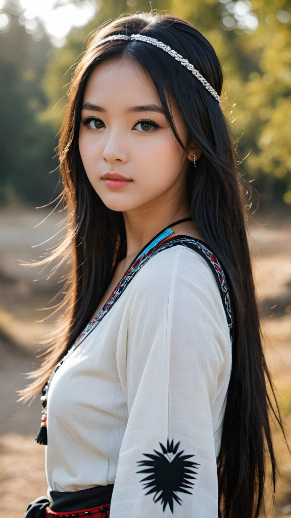 a ((teen girl)) medium silhouette shot, her hair it's obsidian-black and with long straight haircut, she has glancing silver-white eyes and are orbit round, she has pouting lips, she has a soft outlook, she has a fit figure, she wears female native american clothing style, in a natural way, mood scenery background