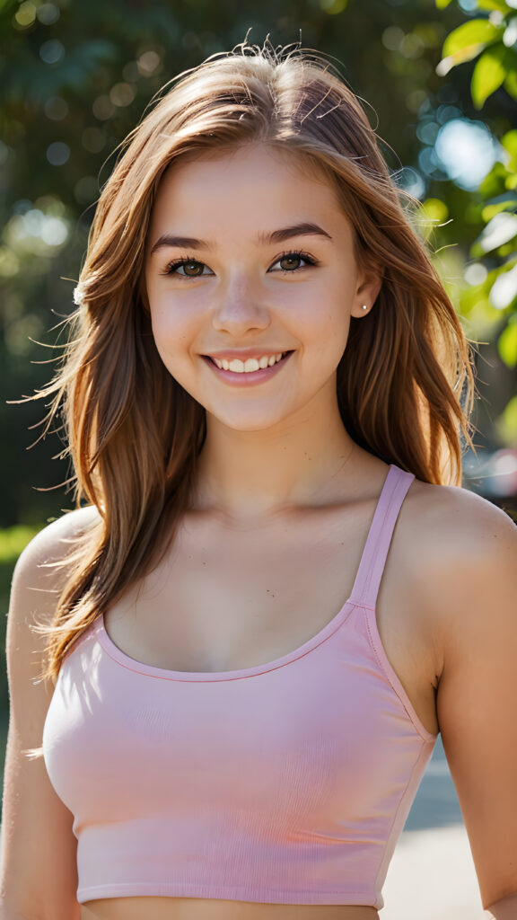 a (((teen girl))) with a joyful and sunny smile, wearing a sleek and fitted short crop pink tank top that showcases her perfect, curves, captured in a (((flawless portrait))), with long, flowing, straight hazelnut hair cascading down