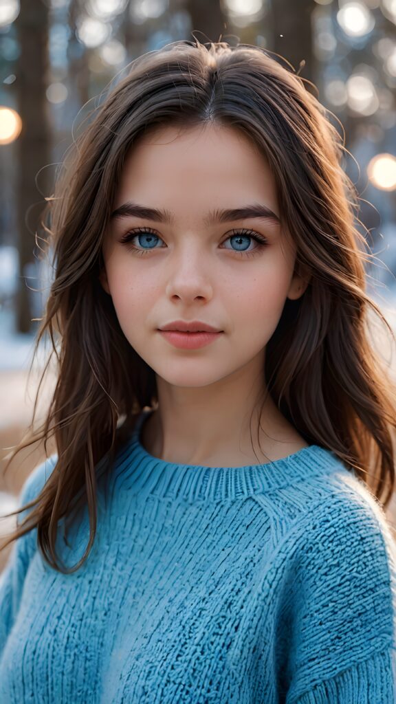 a ((teen girl)), her hair is black and with long straight haircut, full lips, soft outfit, light blue eyes, she wears a wool sweater, 4k, realistic and detailed photo