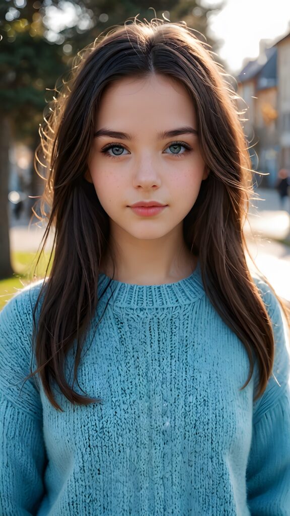 a ((teen girl)), her hair is black and with long straight haircut, full lips, soft outfit, light blue eyes, she wears a wool sweater, 4k, realistic and detailed photo