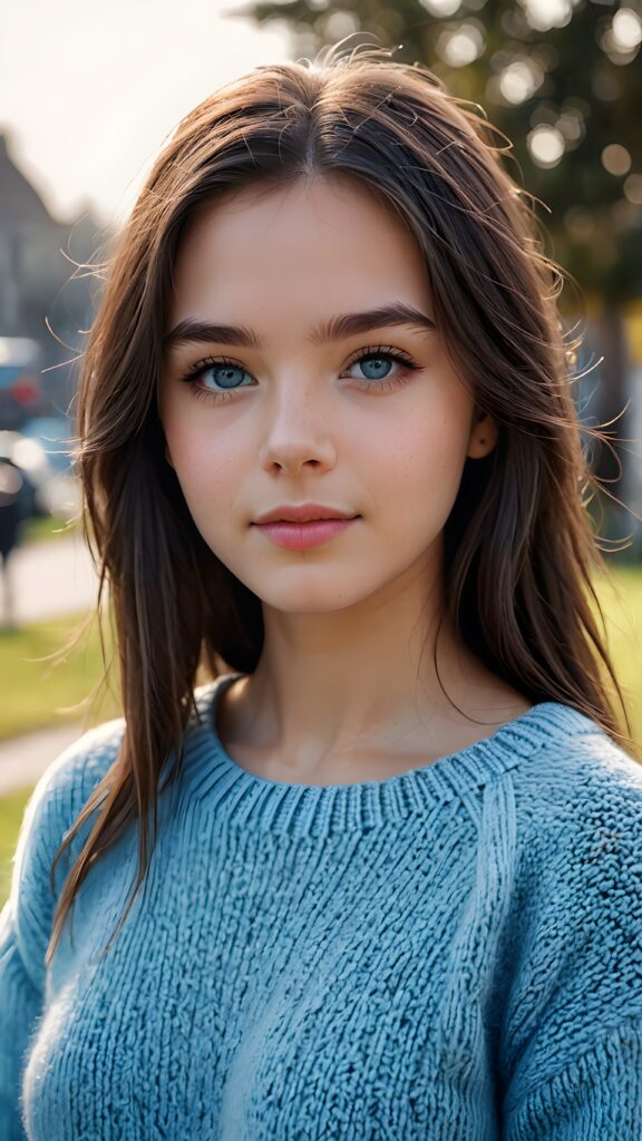 a ((teen girl)), her hair is black and with long straight haircut, full lips, soft outfit, light blue eyes, she wears a wool sweater, 4k, realistic and detailed photo