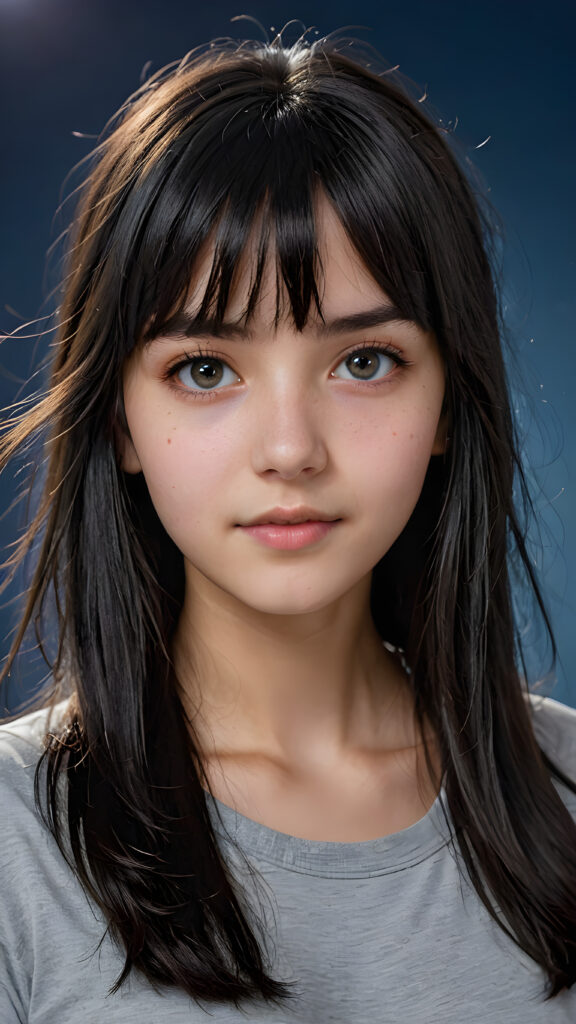 a (((teen girl with bangs cut))), (((vividly drawn long, straight soft messy black hair))) that reflects the light in a (((professional night photograph))), age 13, is depicted with exquisite detail, her face softly angelic yet realistically defined, big round eyes, wearing a (super short, sleek grey T-shirt, perfect curved body) against a blue backdrop, ((side view))