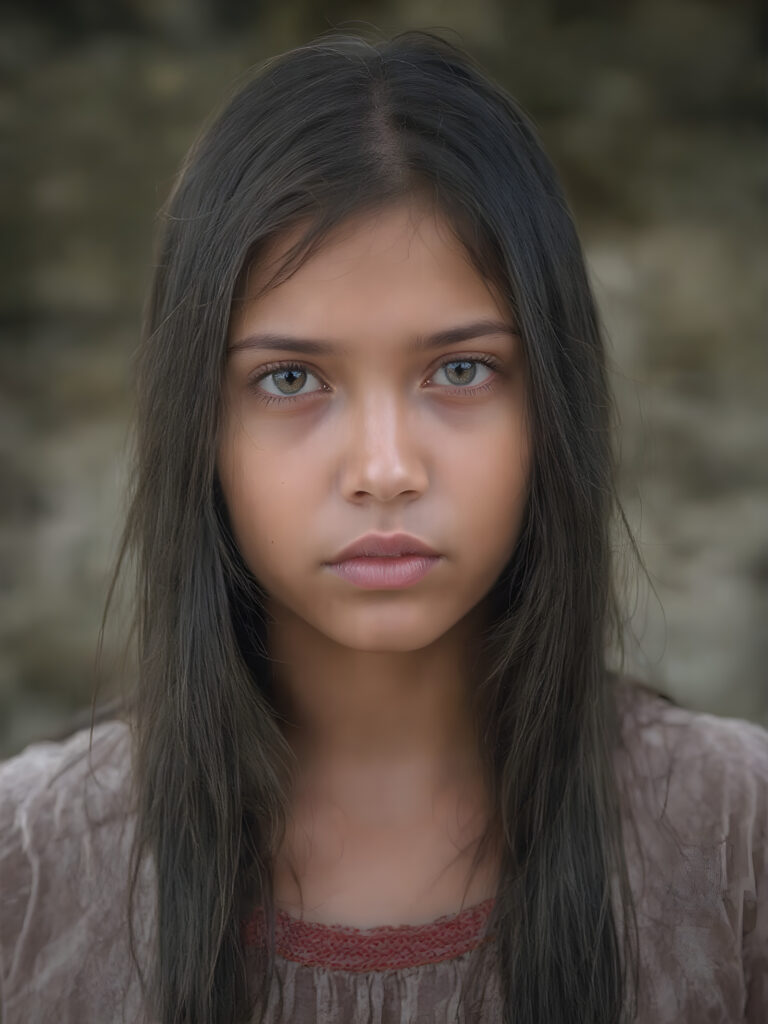 a ((teen girl)) realistic upper body portrait shot, her hair is obsidian-black and with long straight haircut, she has glancing silver-white eyes and are orbit round, she has pouting lips, she has a soft outlook, she has a fit figure, she wears female native american clothing style, in a natural way, mood scenery background