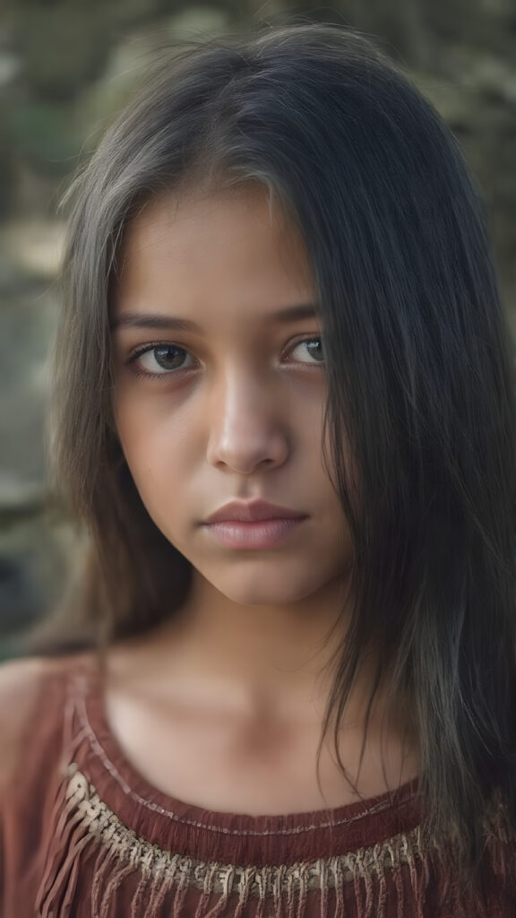 a ((teen girl)) medium silhouette shot, her hair is obsidian-black and with long straight haircut, she has glancing silver-white eyes and are orbit round, she has pouting lips, she has a soft outlook, she has a fit figure, she wears female native american clothing style, in a natural way, mood scenery background