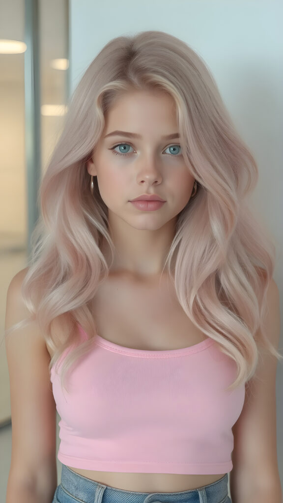 a (((teen girl))), ((light pink long wavy hair)), that flows elegantly, framing her delicate, ((barely there face)), which exudes a youthful vibrancy, short cropped tank top that accentuates her natural beauty and her perfect body, contrasting against the sleek and modern backdrop of a (hyper realistic, 8K rendering) for a stunning, high-quality image