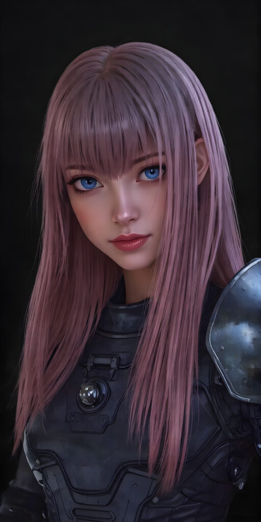 a (((teen girl from the future in a light armor))), in a perfect pose ((black background)), long shiny straight pink hair falling down her back, blue eyes, detailed, realistic