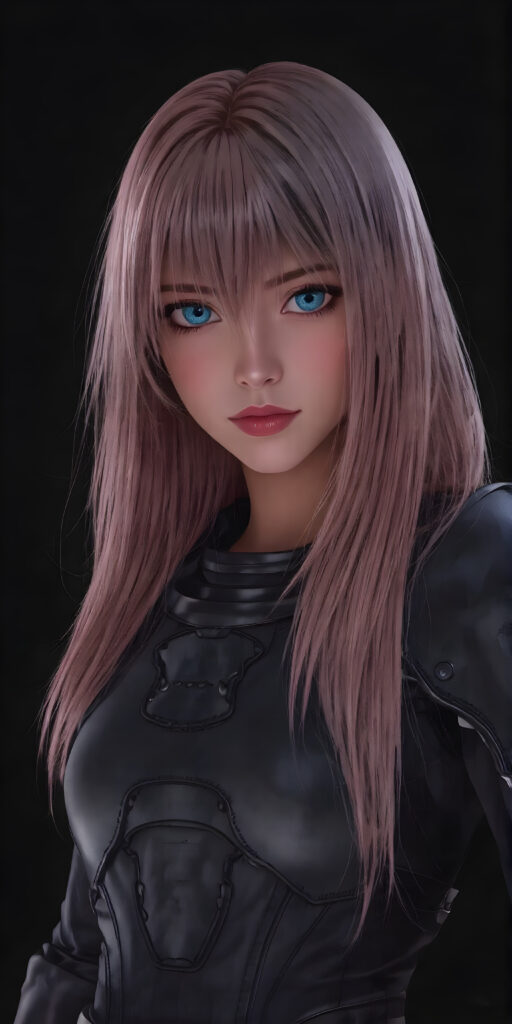 a (((teen girl from the future in a light armor))), in a perfect pose ((black background)), long shiny straight pink hair falling down her back, blue eyes, detailed, realistic