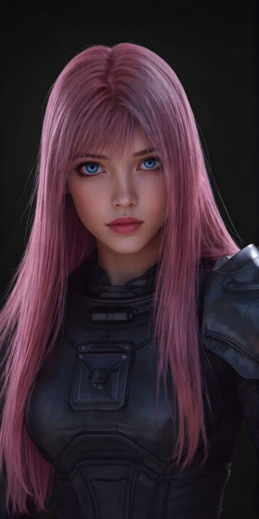 a (((teen girl from the future in a light armor))), in a perfect pose ((black background)), long shiny straight pink hair falling down her back, blue eyes, detailed, realistic