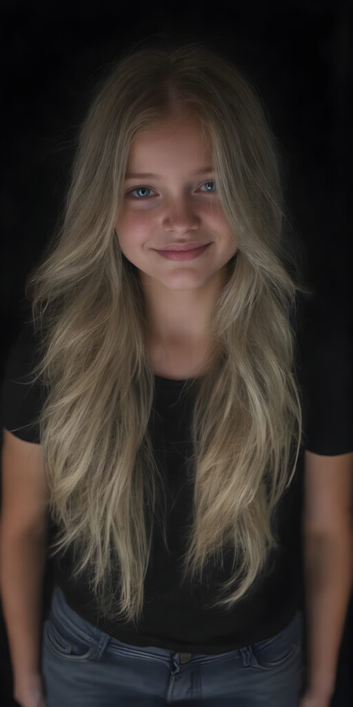 a (((teen girl))) with (((extremely long, silky wavy light blonde hair))), wearing a sleek and tight black T-Shirt that seamlessly complements her stylishly faded jeans. Her face exudes a (((soft yet inviting smile))), perfectly accentuating her ((perfectly proportioned figure)), which includes a slim waist and (extraordinary long, flowing eyelashes) that add to her (alluring charm), black backdrop that give off a (vivid color contrast) against her (natural skin tone) makeup and (crisp pearly white teeth) as the ultimate finishing touch, full body