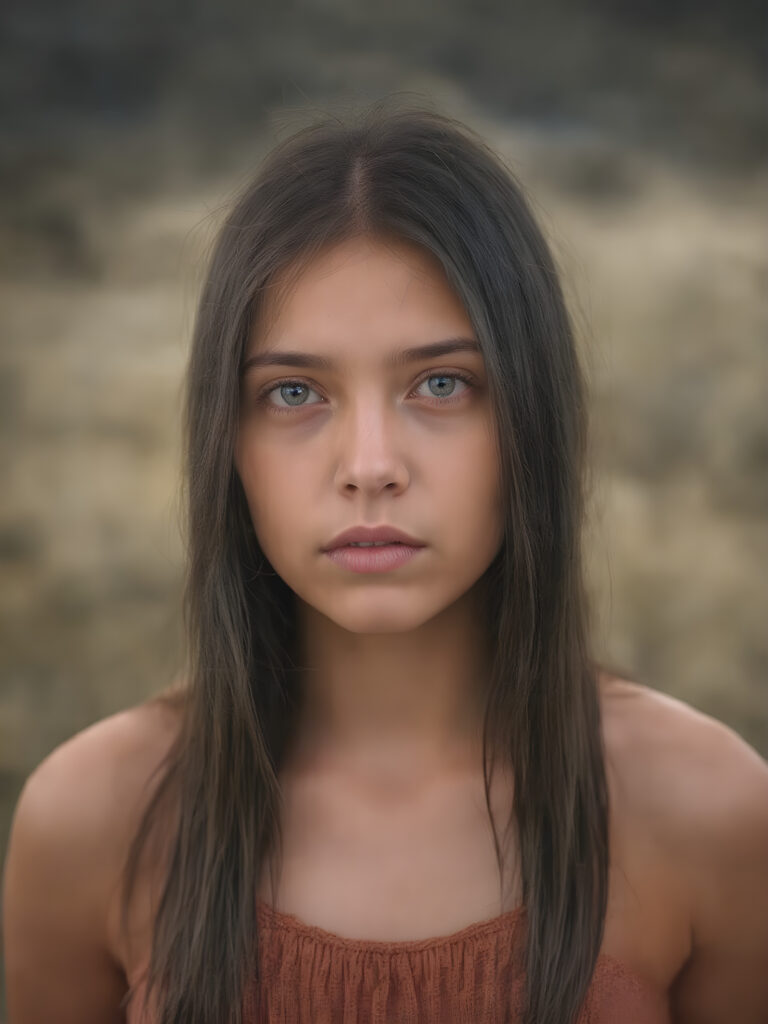 a ((teen girl)) realistic upper body portrait shot, her hair is obsidian-black and with long straight haircut, she has glancing silver-white eyes and are orbit round, she has pouting lips, she has a soft outlook, she has a fit figure, she wears female native american clothing style, in a natural way, mood scenery background