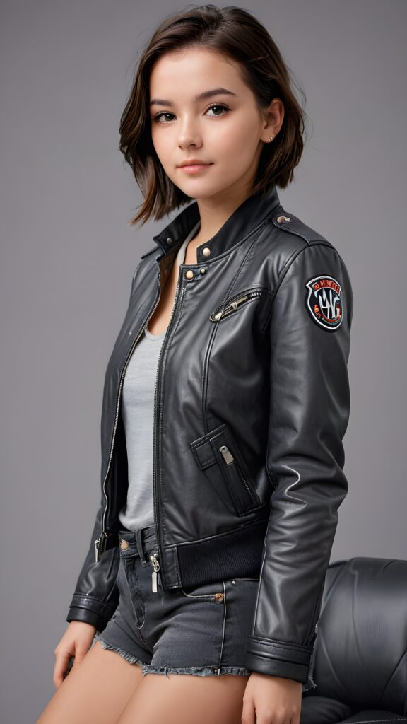 a teen girl, best quality, masterpiece, ultra high resolution, photo realistic, detailed skin, (black short aviator leather jacket), lounging, ((grey background))