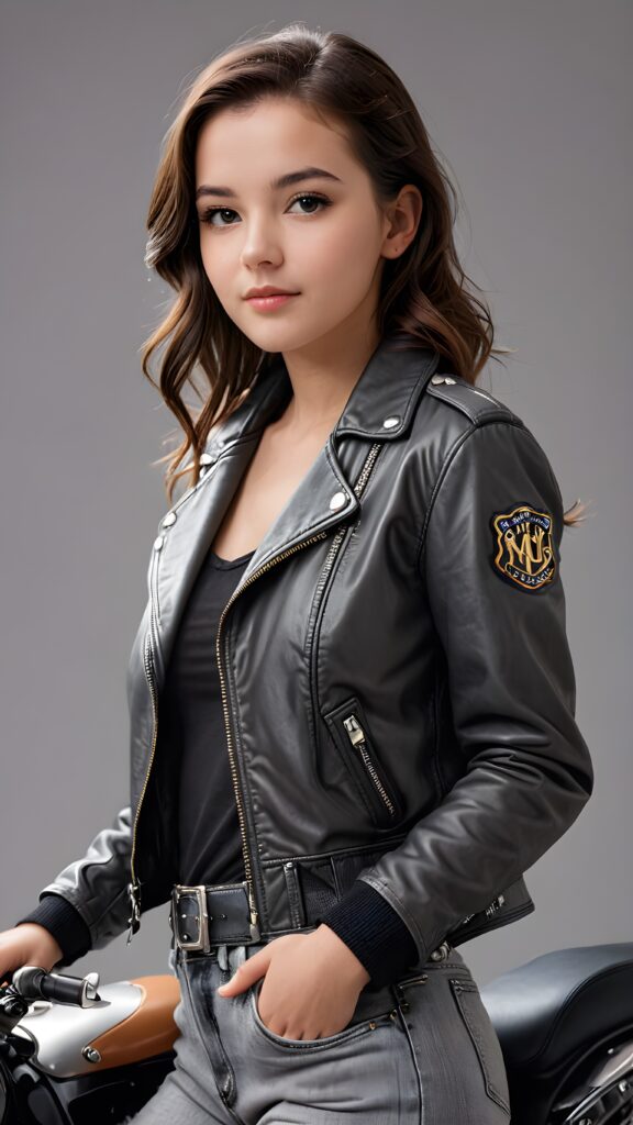 a teen girl, best quality, masterpiece, ultra high resolution, photo realistic, detailed skin, (black short aviator leather jacket), lounging, ((grey background))