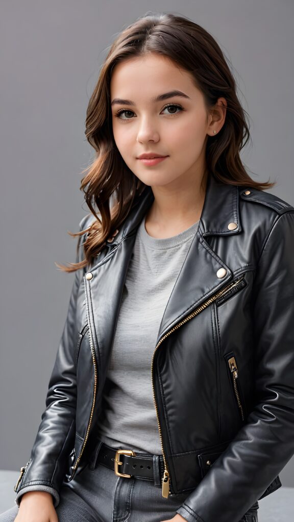 a teen girl, best quality, masterpiece, ultra high resolution, photo realistic, detailed skin, (black short aviator leather jacket), lounging, ((grey background))