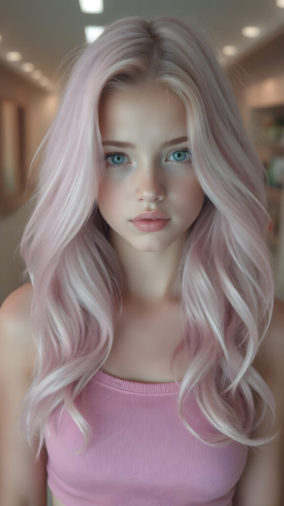 a (((teen girl))), ((light pink long wavy hair)), that flows elegantly, framing her delicate, ((barely there face)), which exudes a youthful vibrancy, short cropped tank top that accentuates her natural beauty and her perfect body, contrasting against the sleek and modern backdrop of a (hyper realistic, 8K rendering) for a stunning, high-quality image