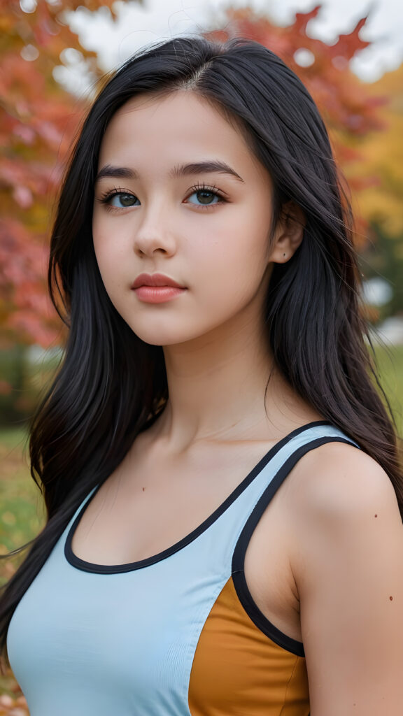 a (((teen girl))) with long, luxurious black hair and softly arched eyebrows, framing piercingly beautiful, light blue eyes. Her full lips are contrasted by a (((modern fall-collared tank top))), which complements her advanced yet timeless style