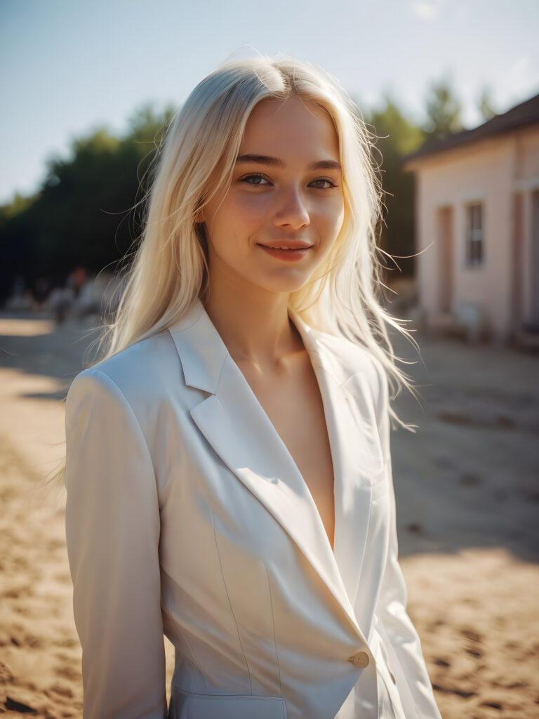 a (((teen girl, thin dressed in a sommer suit and a perfect curved fit body))) caught in a moment of absolute euphoria, with flawless soft skin skin, expressive eyes, soft long straight white hair and a carefree smile that perfectly captures the essence of (absolut joy)