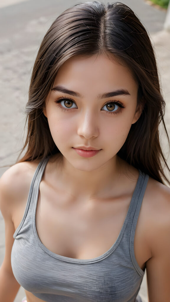 a (((teen girl))) with long, straight luxurious obsidian hair and softly arched eyebrows, framing piercingly beautiful, ((light brown eyes)), ((she wears a grey soft and short cropped tank top)) ((view from above))