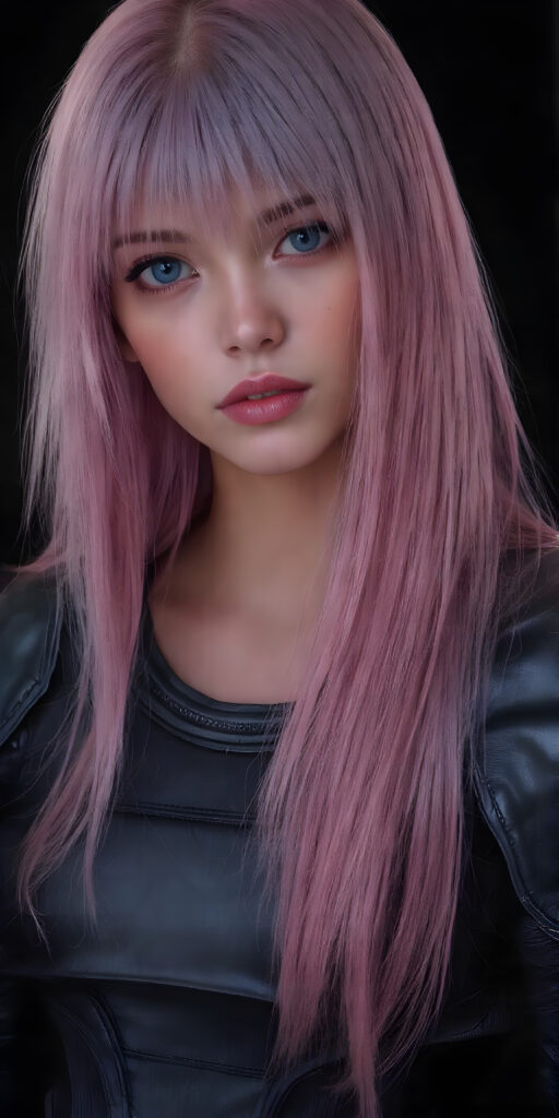 a (((teen girl from the future in a light armor))), in a perfect pose ((black background)), long shiny straight pink hair falling down her back, blue eyes, detailed, realistic