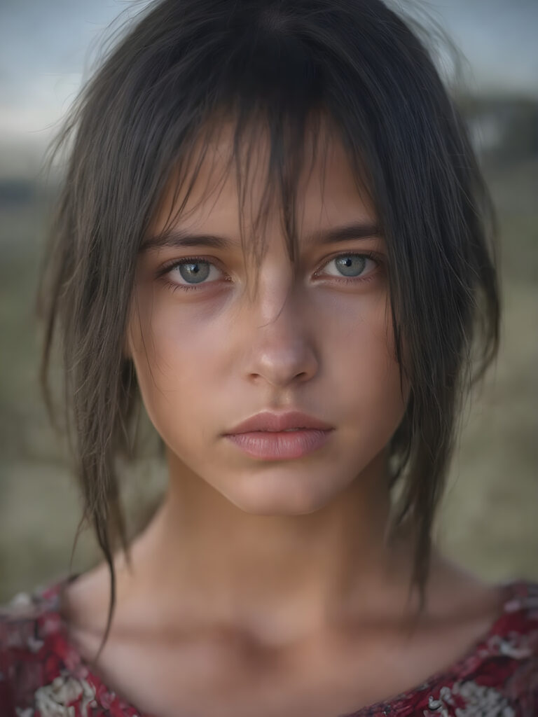 a ((teen girl)) realistic upper body portrait shot, her hair is obsidian-black and with long straight haircut, she has glancing silver-white eyes and are orbit round, she has pouting lips, she has a soft outlook, she has a fit figure, she wears female native american clothing style, in a natural way, mood scenery background