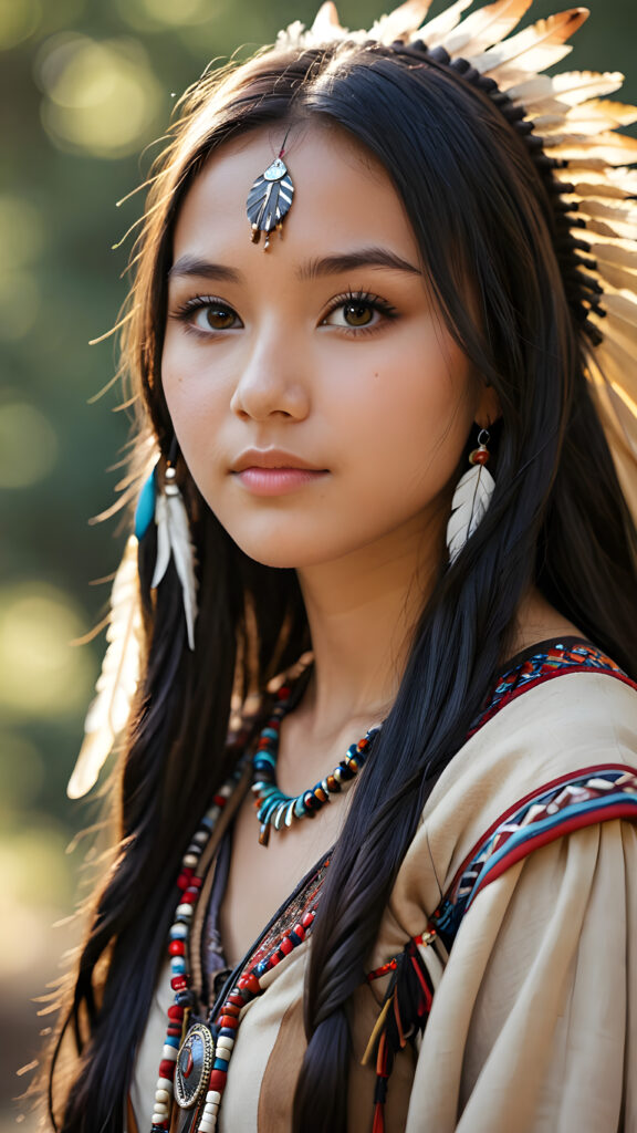 a (((teen girl))) with long, luxurious obsidian hair and softly arched eyebrows, framing piercingly beautiful, soft dressed, ((light brown eyes)), ((she wears a female native american clothing style))