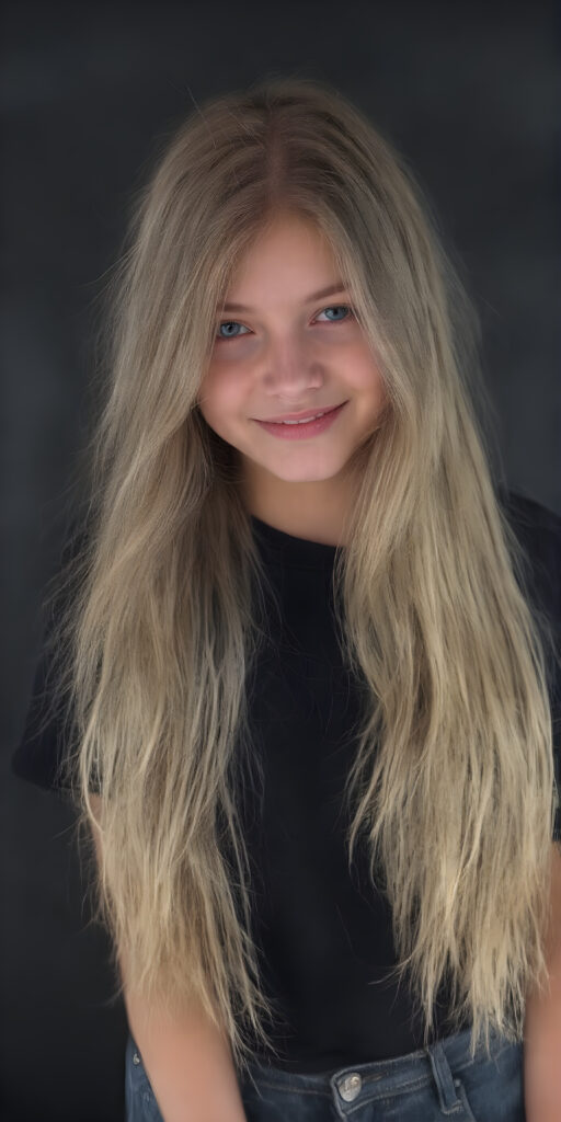 a (((teen girl))) with (((extremely long, silky wavy light blonde hair))), wearing a sleek and tight black T-Shirt that seamlessly complements her stylishly faded jeans. Her face exudes a (((soft yet inviting smile))), perfectly accentuating her ((perfectly proportioned figure)), which includes a slim waist and (extraordinary long, flowing eyelashes) that add to her (alluring charm), black backdrop that give off a (vivid color contrast) against her (natural skin tone) makeup and (crisp pearly white teeth) as the ultimate finishing touch, full body