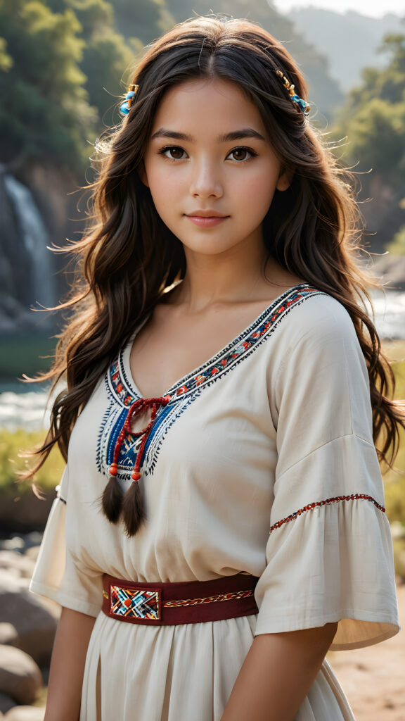 a ((teen girl)), medium silhouette shot, female native american clothing style, realistic detailed angelic round face, slight smile, natural dark hair, wavy straight flowing super soft hair, fit body, mood scenery background, hyper realistic, high quality, ((realistic)), ((detailed)), ((matching)), ((aligned)), coordinated, (symmetrical), (((evenly-sized)))