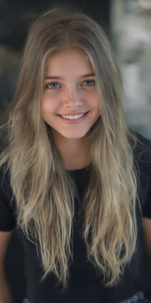 a (((teen girl))) with (((extremely long, silky wavy light blonde hair))), wearing a sleek and tight black T-Shirt that seamlessly complements her stylishly faded jeans. Her face exudes a (((soft yet inviting smile))), perfectly accentuating her ((perfectly proportioned figure)), which includes a slim waist and (extraordinary long, flowing eyelashes) that add to her (alluring charm), black backdrop that give off a (vivid color contrast) against her (natural skin tone) makeup and (crisp pearly white teeth) as the ultimate finishing touch, full body