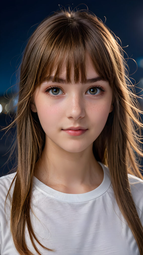 a (((teen girl with bangs cut))), (((vividly drawn long, straight soft hazel hair))) that reflects the light in a (((professional night photograph))), age 13, is depicted with exquisite detail, her face softly angelic yet realistically defined, big round eyes, wearing a (super short, sleek white T-shirt) against a blue backdrop, ((side view))