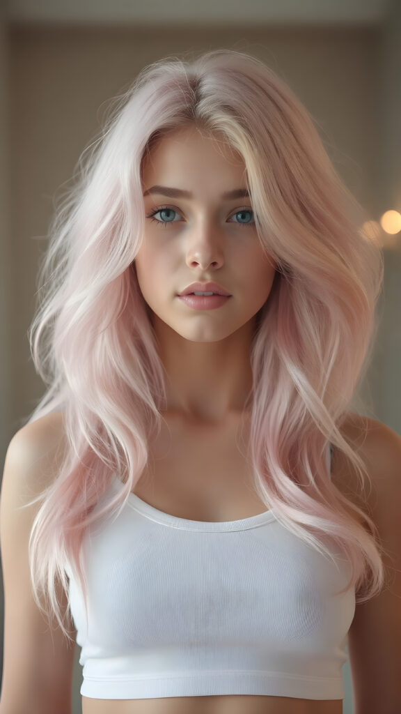 a (((teen girl))), ((light pink long wavy hair)), that flows elegantly, framing her delicate, ((barely there face)), which exudes a youthful vibrancy, short cropped tank top that accentuates her natural beauty and her perfect body, contrasting against the sleek and modern backdrop of a (hyper realistic, 8K rendering) for a stunning, high-quality image