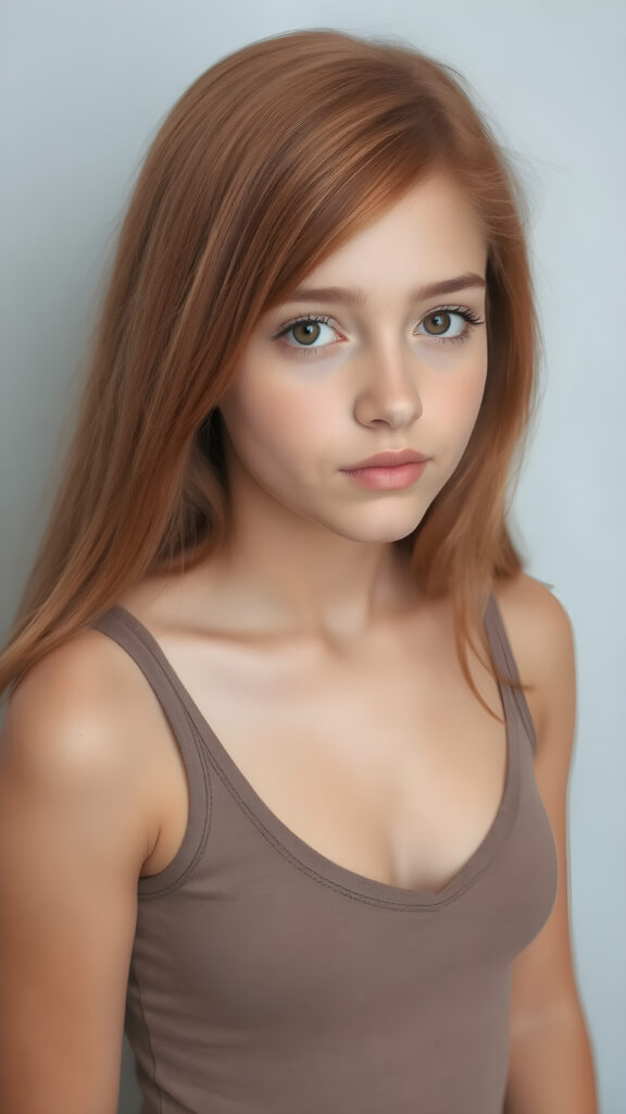 a teen girl in a perfect portrait shot, 1:3, with straight soft long red hair, detailed round face, full lips, amber eyes, she wears a cropped tank top with deep v-neck, cute and stunning, light grey backdrop