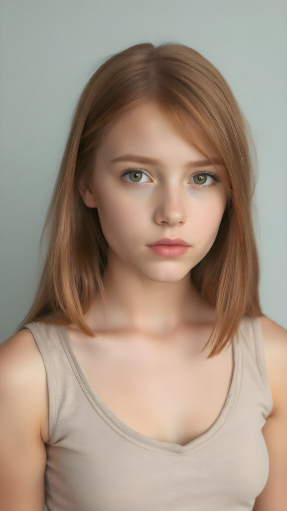 a teen girl in a perfect portrait shot, 1:3, with straight soft long red hair, detailed round face, full lips, amber eyes, she wears a cropped tank top with deep v-neck, cute and stunning, light grey backdrop