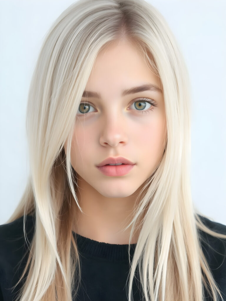 a teen girl in a perfect portrait shot, 1:3, with straight soft long white hair, detailed round face, full lips, amber eyes, cute and stunning, light grey backdrop