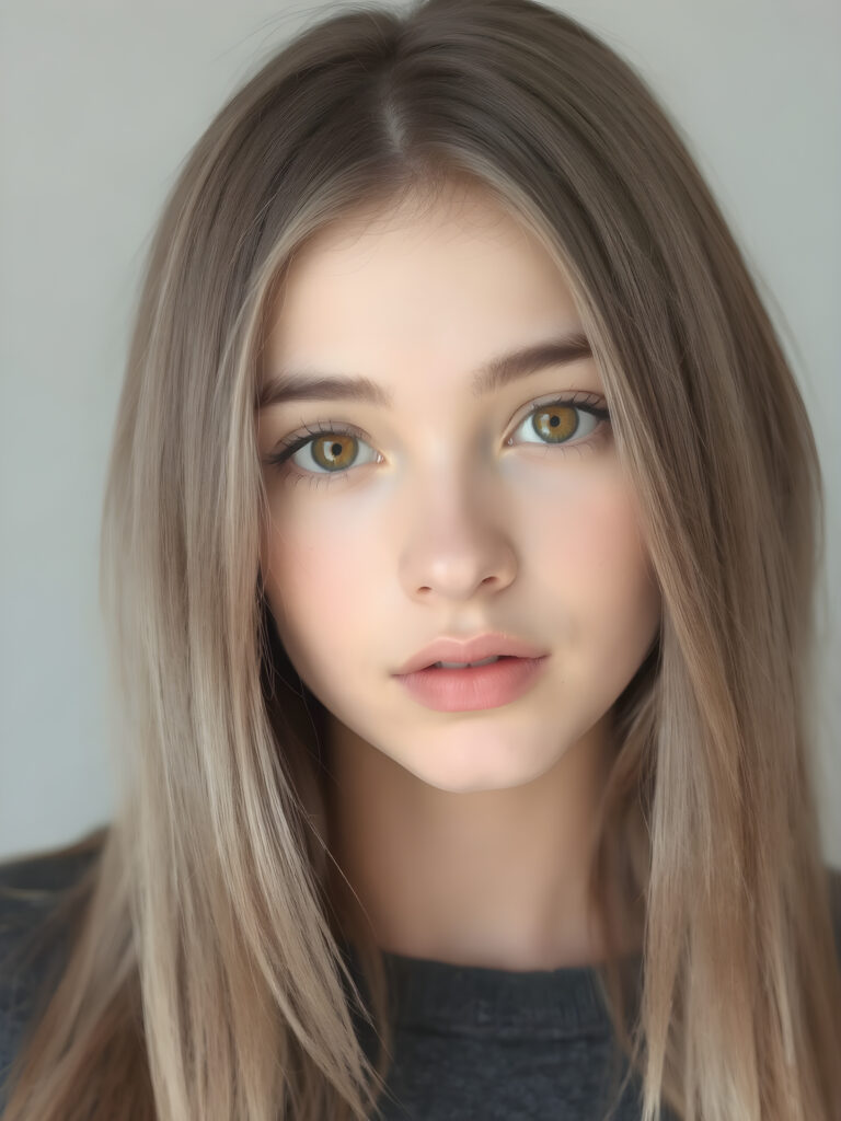 a teen girl in a perfect portrait shot, 1:3, with straight soft long ash grey hair, detailed round face, full lips, amber eyes, cute and stunning, light grey backdrop