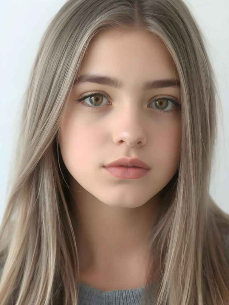 a teen girl in a perfect portrait shot, 1:3, with straight soft long ash grey hair, detailed round face, full lips, amber eyes, cute and stunning, light grey backdrop