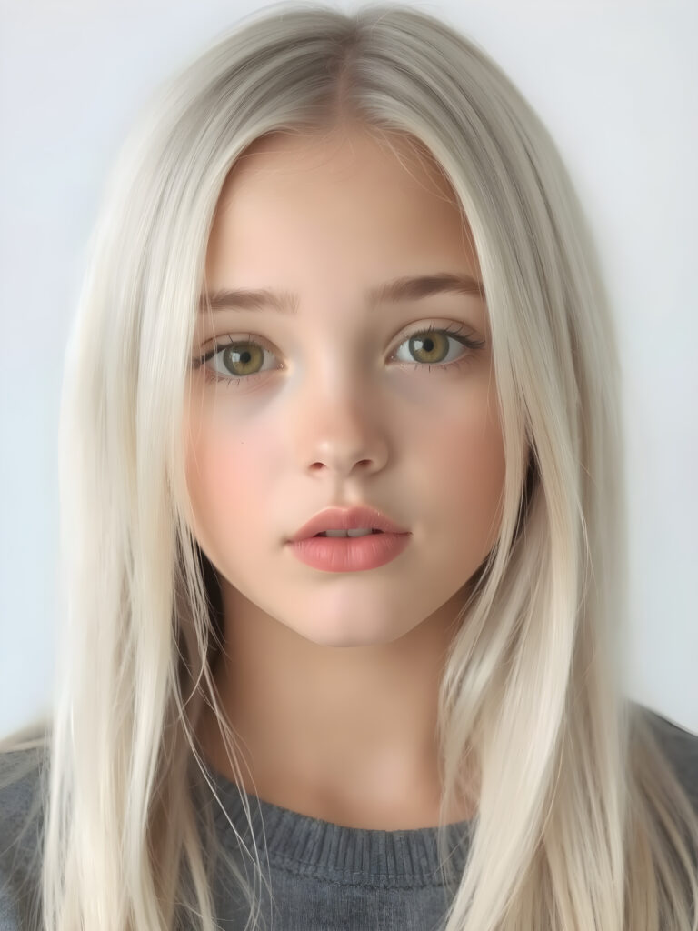 a teen girl in a perfect portrait shot, 1:3, with straight soft long white hair, detailed round face, full lips, amber eyes, cute and stunning, light grey backdrop