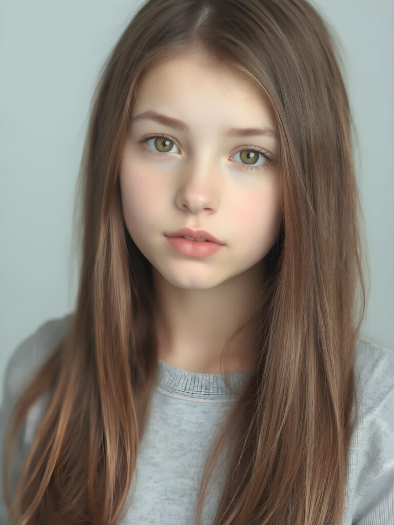 a teen girl in a perfect portrait shot, 1:3, with straight soft long brown hair, detailed round face, full lips, amber eyes, cute and stunning, light grey backdrop