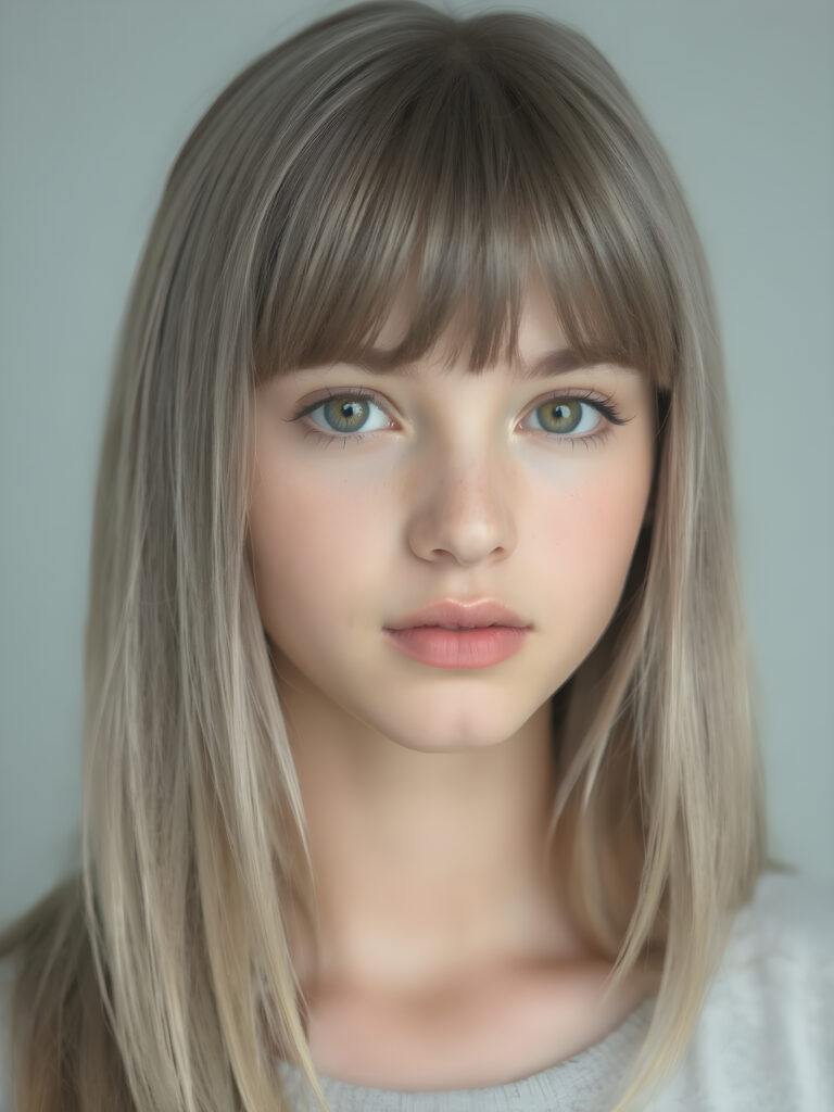 a teen girl in a perfect portrait shot, 1:3, with straight soft long ash grey hair, detailed round face, full lips, amber eyes, cute and stunning, light grey backdrop